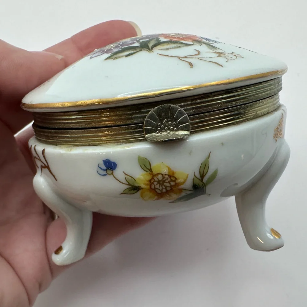 Vintage Lefton China Japan Floral Hinged Trinket Box Gold Trim